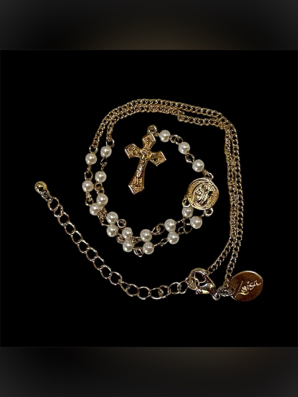 Women's Gold Pearl Rosary Cross Necklace